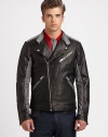 Impeccable tailoring and attention to detail are combined with the rugged sensibilities of a classic motorcycle jacket, crafted in supple Italian leather with zippered slash pockets and patterned panels at the shoulders, sleeves and hem.Zip frontZippered chest, waist slash pocketsAbout 26 from shoulder to hemLeather/woolDry cleanMade in Italy