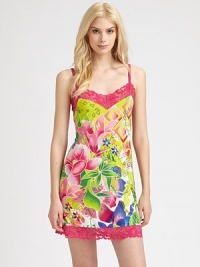 Lush florals mix with delicate lace trim in this smooth design, perfect for traveling. Sweetheart necklineAdjustable spaghetti strapsFloral lace trimAbout 33 long92% polyester/8% spandexMachine washImported Lush florals mix with delicate lace trim in this smooth design, perfect for traveling. Sweetheart necklineAdjustable spaghetti strapsFloral lace trimAbout 33 long92% polyester/8% spandexMachine washImported