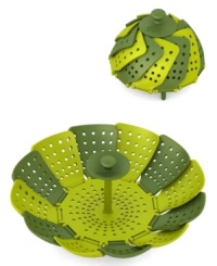 What a spread! The folding Lotus design of this one-size-fits-all steamer adjusts to fit any size pot and retracts into a compact size for easy storage. Completely non-scratch, the steamer features two bottom feet that never touch the pot and a heat-resistant silicone handle that is always cool to the touch for easy removal. What a spread! The folding Lotus design of this one-size-fits-all steamer adjusts to fit any size pot and retracts into a compact size for easy storage. Completely non-scratch, the steamer features two bottom feet that never touch the pot and a heat-resistant silicone handle that is always cool to the touch for easy removal.