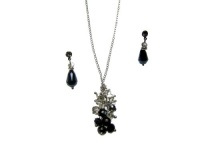 Jewelry Set, Jet Cluster Pendant Glass Bead Necklace and Drop Earrings Set Jewelry Set, Jet Cluster Pendant Glass Bead Necklace and Drop Earrings Set
