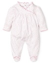 An asymmetrical ruffled collar and pink scalloped edging adorn this floral footie with a too-cute finish.