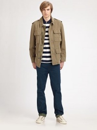 Show off your street smarts with this neat yet versatile outerwear option, rendered in rich cotton for long-lasting wear.Zip frontButtoned placketChest, waist flap pocketsShoulder epaulettesAbout 28 from shoulder to hemDry cleanImported Show off your street smarts with this neat yet versatile outerwear option, rendered in rich cotton for long-lasting wear.Zip frontButtoned placketChest, waist flap pocketsShoulder epaulettesAbout 28 from shoulder to hemDry cleanImported