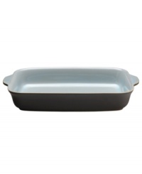 Handsome and understated from Denby dinnerware. Dishes, like this Sienna rectangular baker, feature a matte mocha surface and glazed blue interior for smart-casual style with steaming hot entrees. Handsome and understated from Denby dinnerware. Dishes, like this Sienna rectangular baker, feature a matte mocha surface and glazed blue interior for smart-casual style with steaming hot entrees.