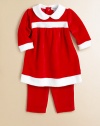 Your little Ms. Claus is a present all her own in this festive, plush velour and sherpa-trimmed dress and pants set.Peter Pan collarLong sleeves with sherpa cuffsBack snapsHigh-waistedSherpa hemElastic waistband80% cotton/20% polyesterMachine washImported Please note: Number of snaps may vary depending on size ordered. 