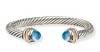 Silver Cable Cuff Bracelet with Faceted Blue Topaz Two Tone Gold Silver Bangle Designer Fashion