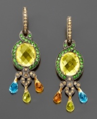Go glam with this colorful vintage-inspired earrings featuring briolette-cut lemon quartz (14-1/10 ct. t.w.), blue topaz (2 ct. t.w.), citrine (1-1/4 ct. t.w), tsavorite (3/4 ct. t.w.) and round-cut diamonds (1/2 ct. t.w.). Set in 14k gold. Drop measures 2 inches. Go glam with this colorful vintage-inspired earrings featuring briolette-cut lemon quartz (14-1/10 ct. t.w.), blue topaz (2 ct. t.w.), citrine (1-1/4 ct. t.w), tsavorite (3/4 ct. t.w.) and round-cut diamonds (1/2 ct. t.w.). Set in 14k gold. Drop measures 2 inches.