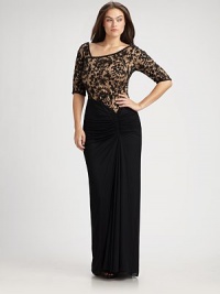 An awe-inspiring lace top is met by a perfectly placed, super-flattering ruching throughout the bodice and solid knit bottom.BoatneckElbow sleevesConcealed back zipperFully linedAbout 43 from natural waist60% cotton/40% nylonDry cleanImported An awe-inspiring lace top is met by a perfectly placed, super-flattering ruching throughout the bodice and solid knit bottom.BoatneckElbow sleevesConcealed back zipperFully linedAbout 43 from natural waist60% cotton/40% nylonDry cleanImported