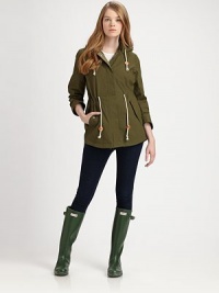 A rugged design with a convenient detachable hood and feminine details, including a timeless stand collar and a curved hem.Stand collarRemovable hoodFront zipperDrawstring waistLeather cord endsFlap pocketsFully linedAbout 27 from shoulder to waist93% cotton/7% acrylicMachine washImported of Italian fabric Model shown is 5'10½(179cm) wearing US size Small. A rugged design with a convenient detachable hood and feminine details, including a timeless stand collar and a curved hem.Stand collarRemovable hoodFront zipperDrawstring waistLeather cord endsFlap pocketsFully linedAbout 27 from shoulder to waist93% cotton/7% acrylicMachine washImported of Italian fabric Model shown is 5'10½(179cm) wearing US size Small.