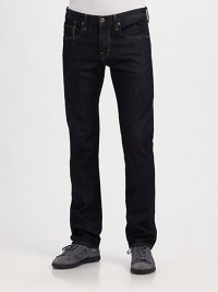 A deep, saturated wash and slim fit dress up superior American denim that pairs as perfectly with a blazer as it does a tee. Five-pocket style Zip fly Inseam, about 33 98% cotton/2% polyurethane; machine wash Made in USA A deep, saturated wash and slim fit dress up superior American denim that pairs as perfectly with a blazer as it does a tee. Five-pocket style Zip fly Inseam, about 33 98% cotton/2% polyurethane; machine wash Made in USA