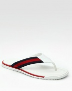 Leather thong sandal with signature blue/red/blue web detail and micro guccissima trim. Rubber sole Made in Italy 