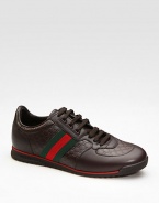 Lace-up sneaker in micro guccissima and smooth leathers with signature green/red/green web. Rubber sole Made in Italy 