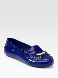 Loafer-inspired silhouette with perforated detailing, topped with a charming goldtone bow. Perforated rubber upperRubber lining and solePadded insoleImportedOUR FIT MODEL RECOMMENDS ordering ½ size up as this style runs small. Loafer-inspired silhouette with perforated detailing, topped with a charming goldtone bow. Perforated rubber upperRubber lining and solePadded insoleImportedOUR FIT MODEL RECOMMENDS ordering ½ size up as this style runs small.
