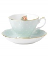 Royal Albert updates a classic with the playfully patterned Polka Rose cup and saucer. Dainty dots and Old Country Roses adorn gold-banded bone china with dainty ruffled edges.