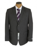 DKNY Mens 2 Button Flat Front Dark Gray Stripe Trim Fit Wool Suit
