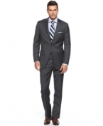 Searching for a look that's at once classic and cutting-edge? Look no further than this sleek charcoal plaid suit from Tasso Elba.