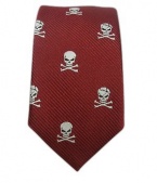 100% Silk Woven Red Skull and Crossbones Skinny Tie