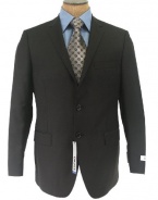 DKNY Mens 2 Button Flat Front Solid Black Slim Fit Wool Suit