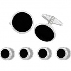 Classic Round Tuxedo Stud and Cufflink Set ,with Black Center and Silver Color Edge