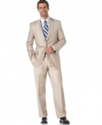 A smart addition to your spring and summer wardrobes, this lightweight Alfani tan suit helps you coordinate with a vibrant seasonal color palette.