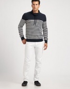 Sporty striped funnel neck constructed in superior wool and cashmere.Drawstring collarRibbed cuffs and hem70% wool/30% cashmereDry CleanImported