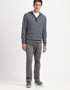 A striped, lightweight linen knit with hood defines this cozy, cool topper.Attached hoodThree-button placketLinenHand washImported