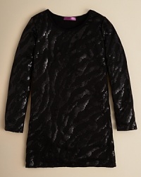 Tonal sequins form a zebra pattern on this sassy long sleeve Aqua girls' dress. Tonal sequins form a zebra pattern on this sassy long sleeve Aqua girls' dress.