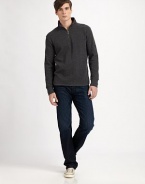 Textured cotton knit favorite with half-zip and high stand collar.Ribbed cuffs Shirttail hem 91% cotton/9% polyester Machine wash Imported