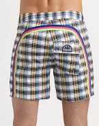 Comfortable, quick dry trunks have a lace-up waist and signature rainbow detail across the back and down the leg. Drawstring waist Grip-tape fly Back flap pocket with grip-tape closure Partial lining Inseam, about 7 Polyester Machine wash Imported 