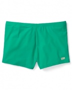 With a sleek, body-defined fit, these handsome, modern swim trunks bring a splash of color to your days on the beach.