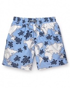 Bond with the fabled creatures of the sea when you wear this super-cool, laid-back swim trunk that's designed with a motif of turtles on a repeating map pattern.