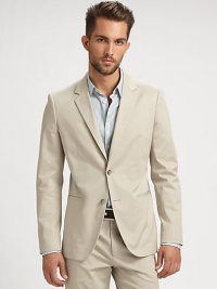 A staple of any man's closet, updated with a casual touch and tailored fit in stretch cotton twill. Two-button closureWaist welt pocketsTwo back ventsPartially linedAbout 27 from shoulder to hem95% cotton/5% polyesterDry cleanImported A staple of any man's closet, updated with a casual touch and tailored fit in stretch cotton twill. Two-button closureWaist welt pocketsTwo back ventsPartially linedAbout 27 from shoulder to hem95% cotton/5% polyesterDry cleanImported