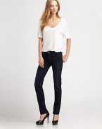 Slim, straight-leg denim in a chic, slightly cropped silhouette.THE FITSlim fitRise, about 7¼Inseam, about 30THE DETAILSZip flyFive-pocket styleSignature stitch back pockets69% rayon/29% cotton/2% polyurethaneMachine washMade in USA of imported fabric