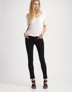 A rich black wash in clingy stretch denim leggings.THE FITBody-hugging fit from waist to ankle Mid rise Inseam, about 31THE DETAILSZip fly Button waist with belt loops Front scoop pockets and patch coin pocket with rivets Back patch pockets Signature patch at waist 44% rayon/29% cotton/25% cupro/2% polyurethane Machine wash Made in USA of imported fabric