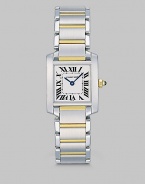 An enduring timepiece emboldened with 18k yellow gold accents.Cartier caliber 057 quartz movement Water resistant to 100 feet Stainless steel case, 25mm X 20mm, 0.98 X 0.79 Silver grained dial Roman numeral markers Blue steel hands 18k yellow gold & stainless steel bracelet Made in Switzerland