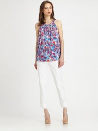 Allover pintucking and an abstract floral print sweeten this floaty, stretch silk racerback top. Banded crewneckSleevelessAllover pintuckingRacerbackLonger length hits below the hips93% silk/7% spandexDry cleanImportedModel shown is 5'10 (177cm) wearing US size Small. Allover pintucking and an abstract floral print sweeten this floaty, stretch silk racerback top. Banded crewneckSleevelessAllover pintuckingRacerbackLonger length hits below the hips93% silk/7% spandexDry cleanImportedModel shown is 5'10 (177cm) wearing US size Small.
