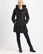 This quilted coat features a brilliant snapped collar that easily converts to a shawl collar or hood.Convertible pillow collarAsymmetrical double zipperZipper and flap pocketsBelted silhouetteAbout 33 from shoulder to hemNylonFill: goose down feathersDry cleanImported Model shown is 5'10 (177cm) wearing US size 4. 