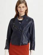 Modern approach to the classic biker jacket, this soft leather topper has asymmetrical zippers, oversized spread collar and an uneven hem. Snap closures at necklineSpread collar with snap closuresAsymmetrical zipperSingle front zipper pocketLong sleeves with zippered cuffsFully linedAbout 20 from shoulder to hemLeatherDry clean with leather specialistImportedModel shown is 5'10 (177cm) wearing US size 2.