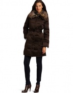 Via Spiga Women's Caserta Faux Fur Trim Belted Down Filled Satin Coat