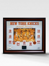 This gorgeous retired-numbers collage is a must have for any New York Knicks fan. This handsomely framed collage features a rare photograph of every Knick legend, a replica of their retired-number banner and a piece of authentic game-used cort and net. A must-have for any Knicks fan.Includes piece of game-used court, net and certificate of authenticity 35W X 30H Made in USA This gorgeous retired-numbers collage is a must have for any New York Knicks fan. This handsomely framed collage features a rare photograph of every Knick legend, a replica of their retired-number banner and a piece of authentic game-used cort and net. A must-have for any Knicks fan.Includes piece of game-used court, net and certificate of authenticity 35W X 30H Made in USA