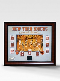 This gorgeous retired-numbers collage is a must have for any New York Knicks fan. This handsomely framed collage features a rare photograph of every Knick legend, a replica of their retired-number banner and a piece of authentic game-used cort and net. A must-have for any Knicks fan.Includes piece of game-used court, net and certificate of authenticity 35W X 30H Made in USA 