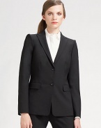 EXCLUSIVELY AT SAKS. This impeccably polished fit of Italian stretch wool makes a lasting impression every time. Notched lapels 2-button closure Front flap-over pockets Long sleeves Button cuffs Center back vent Full lining About 26½ from shoulder to hem 96% virgin wool/4% elastane; dry clean Imported of Italian fabric OUR FIT MODEL RECOMMENDS ordering true size.. 