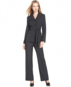 Le Suit updates classic pinstripes with a new, modern silhouette. A sash belt at the waist adds feminine flair to your office look.