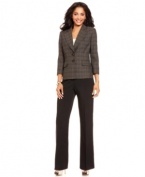 Evan Picone infuses this pant suit with a pop of plaid at the jacket and keeps the interest up by adding a luxe texture to both pieces.