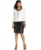 Kasper's high-contrast look is accentuated by the stylish applique and buttons on the jacket of this skirt suit. A perfect palette for pairing a colorful shoe, and a cinch to keep simple with a neutral.