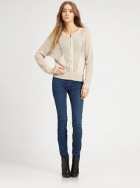Patchwork knits converge on this zip-front sweater finished with a chic sheer back.Round neckRaglan sleevesZipper frontBlouson bodiceAngled pocketsRibbed trimAbout 24 from shoulder to hem70% linen/30% cottonDry cleanImportedModel shown is 5'10 (177cm) wearing US size Small. Patchwork knits converge on this zip-front sweater finished with a chic sheer back.Round neckRaglan sleevesZipper frontBlouson bodiceAngled pocketsRibbed trimAbout 24 from shoulder to hem70% linen/30% cottonDry cleanImportedModel shown is 5'10 (177cm) wearing US size Small.