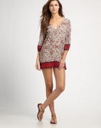Chic crepe provides the luxe backdrop for this design featuring complementary paisley and floral prints.V-neckKeyhole necklineThree-quarter elasticized sleevesContrasting trimPull-on styleCottonMachine washImported