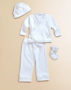 The perfect take-home set in ultra-soft cotton, adorned with darling blue dot trim.Hat with picot trimWrap-front long sleeved tee with scalloped trim and snap closuresElastic waist pantsCuffed socksMachine washCottonImported