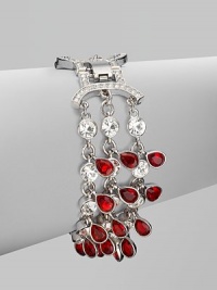 This dazzling style boasts bold colored stones and a stunning multi-row design. Glass stonesSilvertoneFold-over closureLength, about 7Imported This dazzling style boasts bold colored stones and a stunning multi-row design. Glass stonesSilvertoneFold-over closureLength, about 7Imported