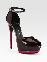Contrasting heel, platform and adjustable metallic leather ankle strap add a colorblock effect to this patent leather peep toe sandal. Self-covered heel, 5½ (140mm)Covered platform, 1½ (40mm)Compares to a 4 heel (100mm)Patent leather and metallic leather upperLeather lining and solePadded insoleMade in ItalyOUR FIT MODEL RECOMMENDS ordering one half size up as this style runs small. Contrasting heel, platform and adjustable metallic leather ankle strap add a colorblock effect to this patent leather peep toe sandal. Self-covered heel, 5½ (140mm)Covered platform, 1½ (40mm)Compares to a 4 heel (100mm)Patent leather and metallic leather upperLeather lining and solePadded insoleMade in ItalyOUR FIT MODEL RECOMMENDS ordering one half size up as this style runs small.