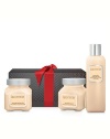 Laura Mercier Crème Brûlée Body & Bath Trio features a Full-Size Crème Body Wash and 6 oz. glass jars of Body Scrub and Soufflé Body Crème in a delicious blend of warm caramel, spun sugar and French vanilla bean for a sensual and enchanting experience. Made in USA. 